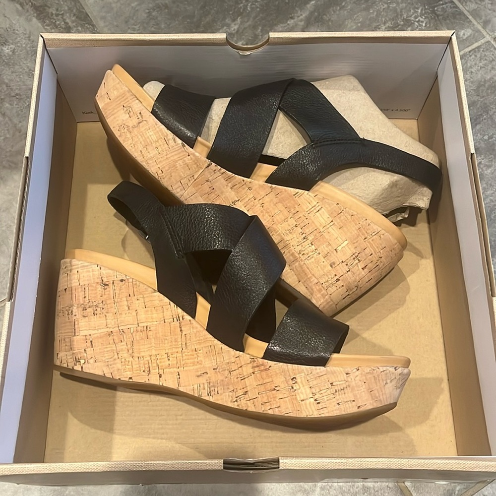Kork Ease "Ashcroft" Black Leather Cork Wedge Sandals Women Size 10 M
